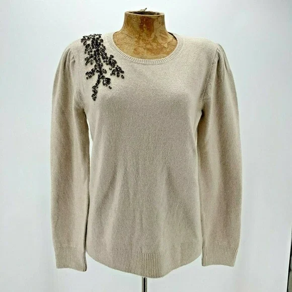 Loft Pullover Sweater Size Medium Tan Jeweled - Picture 1 of 8